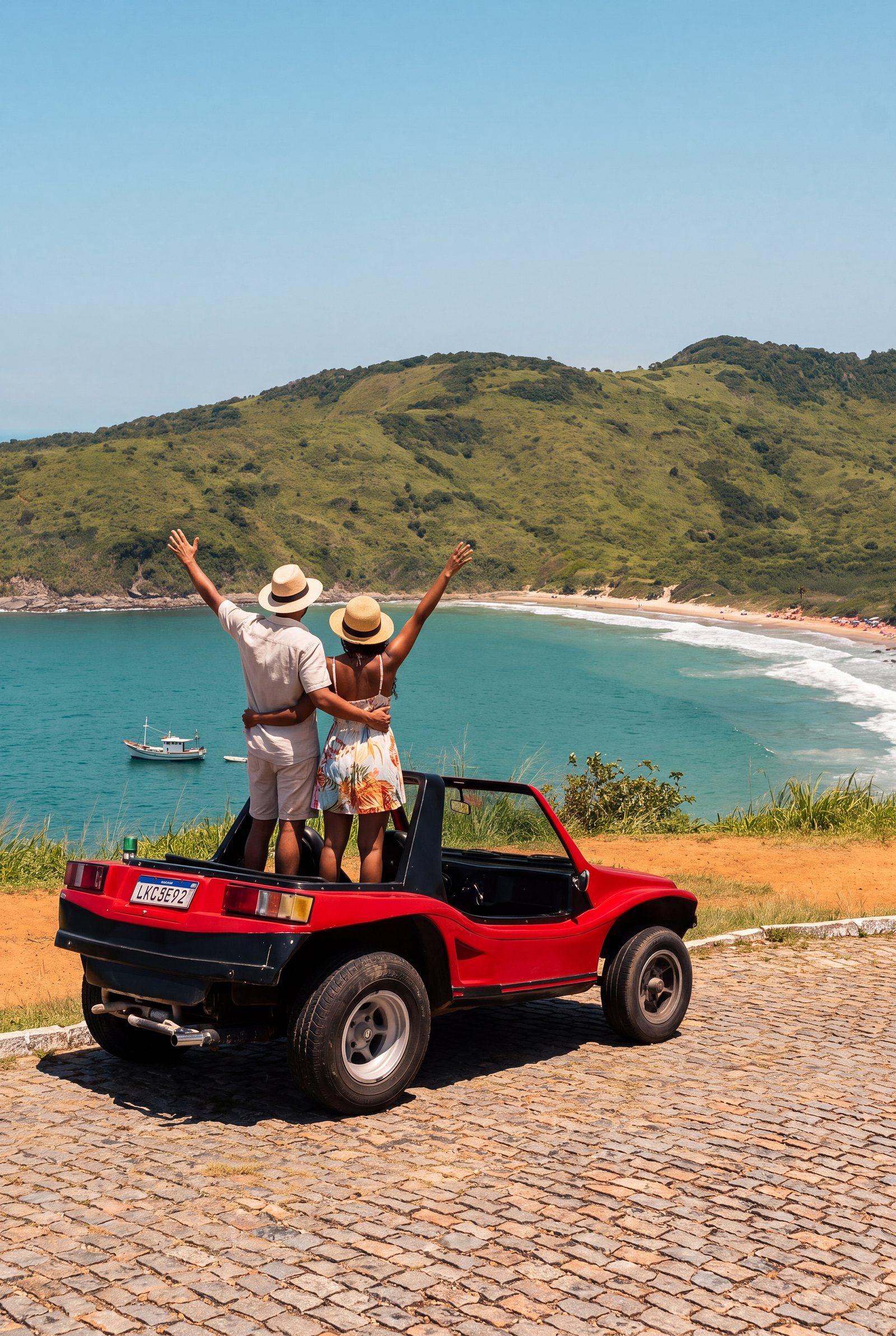 A couple standing on a red beach buggy at a viewpoint over a Búzios bay