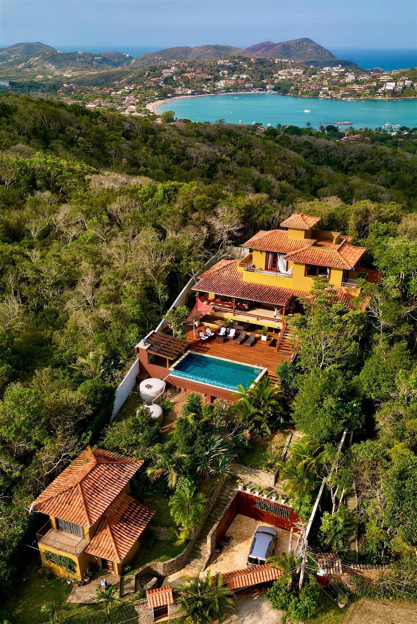 Casalita from above, perched on the hill over the bay
